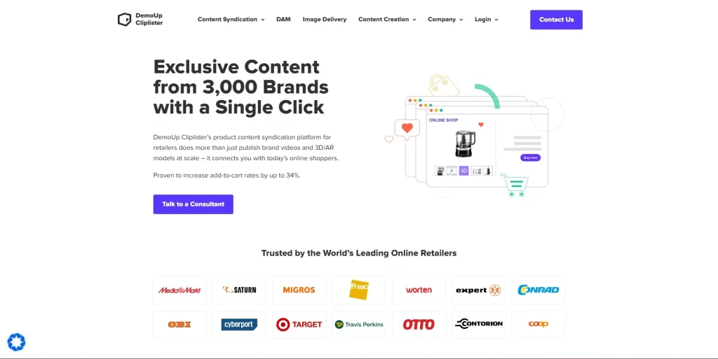 The DemoUp Cliplister product content syndication page for eCommerce retailers.