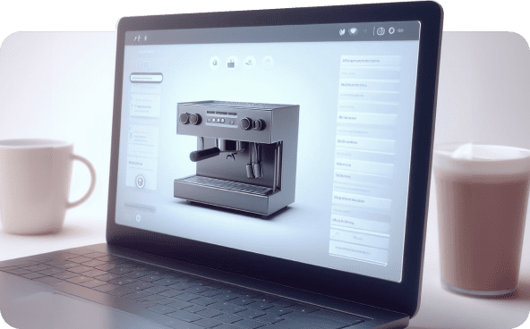 Ein 3D-Produkt-Rendering einer Kaffeemaschine auf einer Produkt-Detail-Seite (PDP).