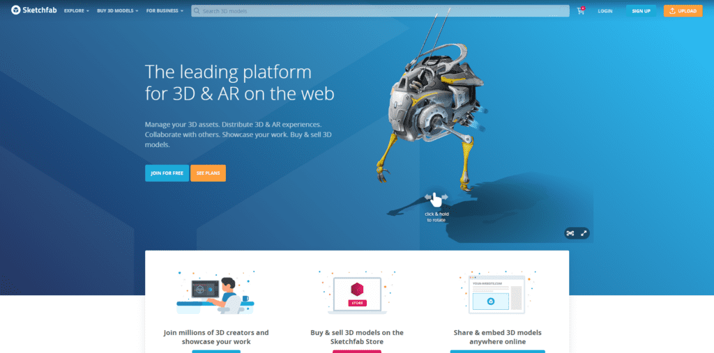 The Sketchfab homepage.