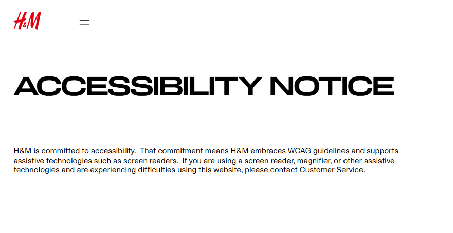 H&M's accessibility statement explains its commitment to WCAG.