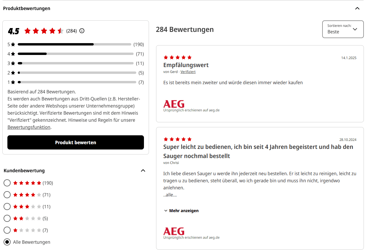 Zwischen AEG und MediaMarkt syndizierte Produktbewertungen.