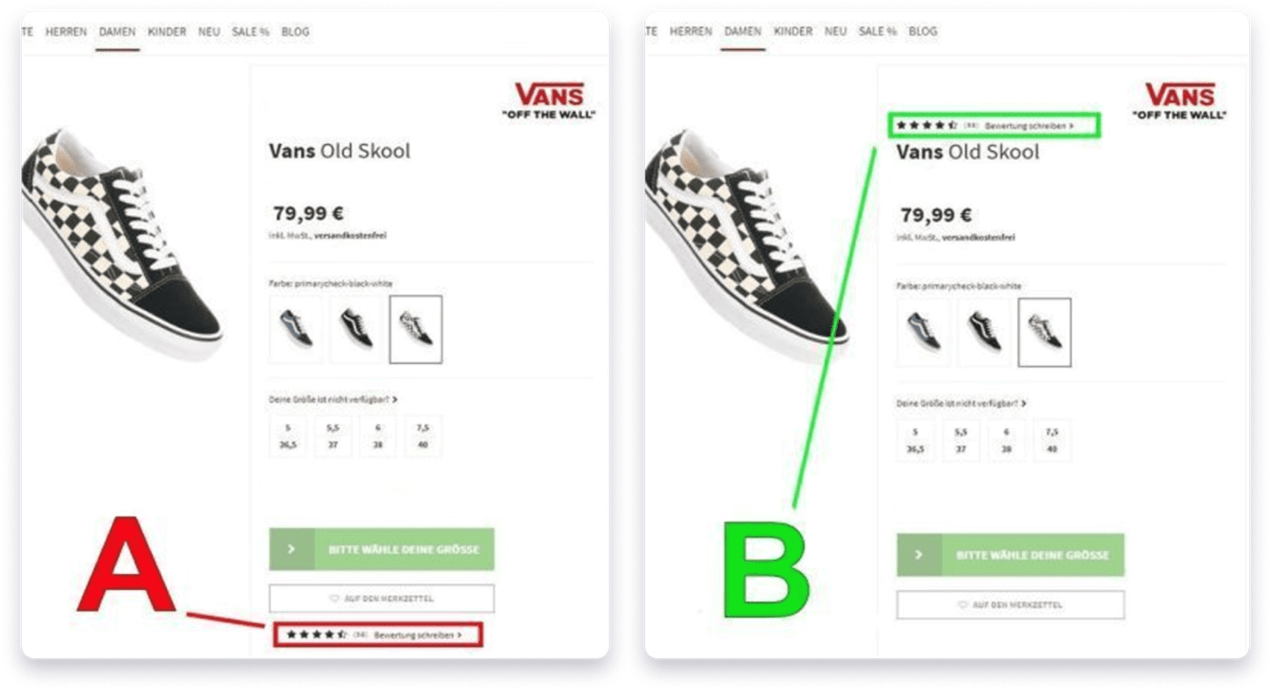 Version A and B are examples of product reviews on a PDP featuring Vans Old Skool model shoes.