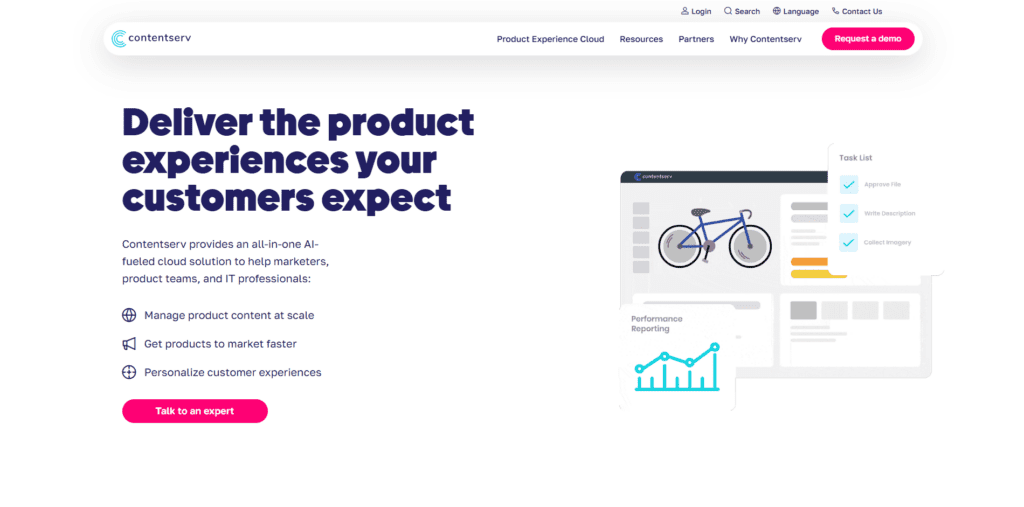 The Contentserv homepage features a minimalistic design.