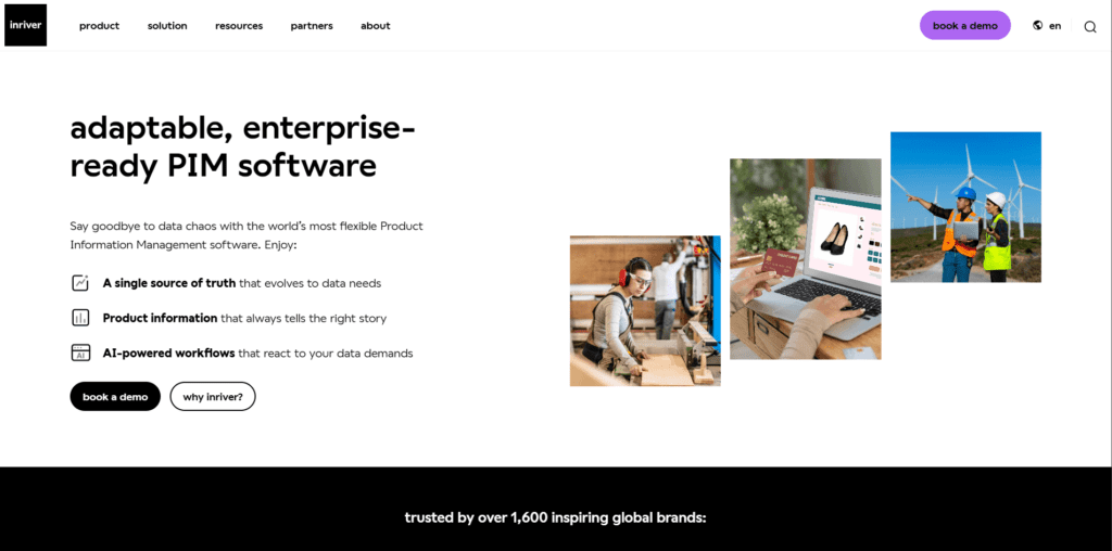The inRiver PIM homepage presents its software as adaptable and enterprise-ready.