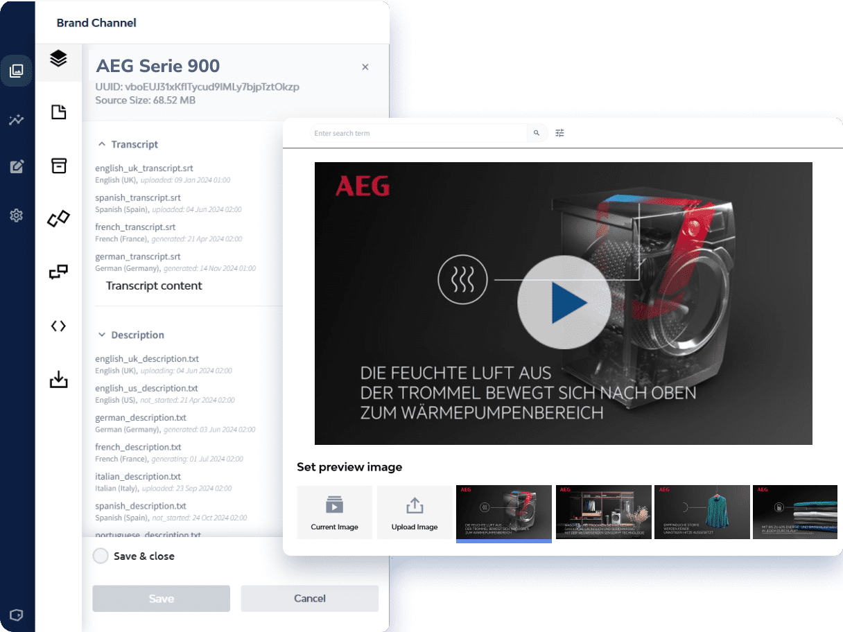 An AEG washing machine on top of the DemoUp Cliplister interface highlighting the accessible videos features.